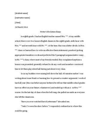 Writer's evolution essay from the Capstone Eportfolio of writing minor Sidney, as presented on the feedback page of the engagement layer.