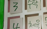 A poster with a series of boxes with green calligraphy is posted on the wall.