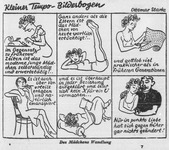 A comic strip showing a young woman writing on a typewriter, doing gymnastics, cutting fabric, smoking, reading, and in an embrace with a man.