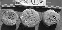 Fig 73: Inscribed Material from Bīr Shawīsh 20, 13, 11 are jar lids. First one has a cross inside a circle, second has three sprigs, and third lid has delta symbol and О. These were excavated and not registered.