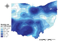 A map of Ohio shows the spatial distribution of the opioid overdose mortality rate per 1,000 people from 2010 to 2017.