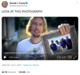 Tweet by Donald Trump with a screenshot from a Nickelback music video where the lead singer holds up a picture frame. The tweet says, “Look at this photograph!”