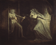 Macbeth holds two daggers while Lady Macbeth gestures to him to quiet down.