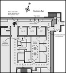This floor layout graphic shows a dotted line tracking the elongated basement route between the Stanford “prison yard” and the men’s restroom, via a boiler room.