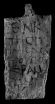 Mummy label for a sixteen-year-old girl; Theban area?, IV CE. Black and white image of the front of a piece of papyrus with writing on it.
