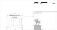 Elevation drawing of the Equus Domitiani facing toward the temple of Divus Iulius, viewed from the side against the temple of Castor and Pollux on the left and the Basilica Iulia on the right.