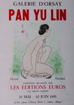 Print poster in color for Pan Yuliang’s 1953 exhibit at the Galerie d’Orsay of a nude woman’s side view as she sits on a cushion and looks away.