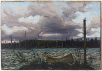 A painting of a wood and canvas canoe on a lake.