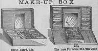 Drawing of two boxes filled with makeup wares, including cans of cream, a mirror, and tools