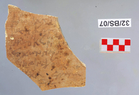 Fig 33: Ostraka 25 inscribed on convex side only, parallel with the throwing marks. Sherd is broken off at all sides except bottom right-hand and upper left-hand. It seems to be a receipt for chicken and eggs.