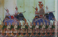 Artistic representation of several bald Japanese mercenaries in a Siamese army in the seventeenth century, standing in a line while five men ride elephants.