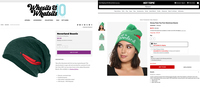The image shows product pages for similar Peter Pan–­inspired beanies. Whosits and Whatsits’ Neverland Beanie is dark green and has a red embroidered feather on the left side. Hot Topic’s Disney Peter Pan Pom Watchman Beanie is bright green with a pom-­pom on top, a red embroidered feather on the left side, and a cuffed brim that reads “Off to Neverland.”