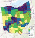 Map of Ohio showing county-level vaccination rates per 1000 people as of June 2021.