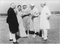 His Excellency the Governor of Bombay, his unnamed daughter-in-law, Helen Keller, Polly Thomson, and unidentified man, 1955, Bombay, India.
