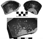 Fig. 60. Above are two views of the interior and exterior of a black-gloss bowl with pock marks in the slip and linear cuts in the slip on the interior. Below is a zoomed-in view of the interior of the vessel.