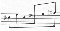 Image of a short melodic phrase on a five-line staff with sori symbols for some notes tuned approximately a half sharp.