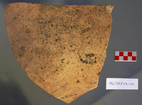 Fig 32: Ostraka 24 inscribed on convex side only, parallel with the throwing marks. Hand is fast and semicursive. Surface of sherd is critically dotted with black fungal spots. It seems to be a receipt for chicken and eggs.