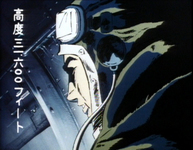Closeup of an American pilot. The superimposed titleon the left edge imitates the handbrushed subtitles of the live action film. It indicates the pilot's plane is at 31,600 feet.