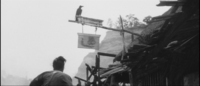 A man looks up at a bird sitting on a hanging calligraphic sign.
