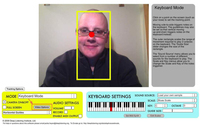 Screenshot, a person’s face is in the left side of the AUMI interface screen. A yellow grid is in front of their face, and a red square appears to sit on their nose. A grey box on the right contains instructions. Boxes below contain settings and a picture of a keyboard.