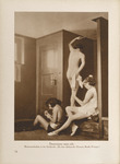 A page from a German magazine featuring three women in a closed dressing room, one of whom is standing on a ledge and nude, with her back toward the viewer. One arm reaches for a horizontal tension rod and the other holds a towel to her hip. The other two models are clothed. One sits on the same ledge with one leg bent and the other straight out; the other sits on the floor in front of them and faces away from both the other women and the viewer.