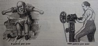 Line drawing of two shoemakers at work. Left, sewing by hand, 3 paires par jour. Right, on a belt-driven machine, 300 paires par jour.