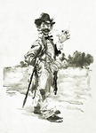 Fig. 33. Drawing of a stereotypic hobo, with disheveled clothing, holes in his shoes and hat, a cane over his arm, and smoking a cigar. He sports a scruffy beard and is grinning.