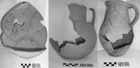Fig. 43. Three side-by-side photos of jugs reconstructed from fragments. In the left example, only the base and side wall are preserved. In the centre example, the base and handle are preserved but not the opposite wall. In the right example, the base, handle, rim, and opposite wall are largely preserved.