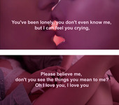 Two horizontal posts where close-up, deeply pink photographic images of women kissing and touching are superimposed with written song lyrics.