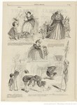 Engraving of caricatures of scenes from the first and second acts of the opera Don Carlos by Giuseppe Verdi; below each scene is a description.