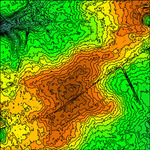 Thematic map of the elevations with additional contour lines for the area depicted in Figure 1.