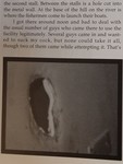Fig. 130. Black-and-white image of a magazine page. The top-half text is about entering a tearoom, and the bottom half is a photograph of an elliptical hole in a bathroom stall—a glory hole.