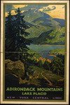 Railroad advertising, such as this 1920 poster by Walter L. Greene, attracted tourists to Lake Placid. An overnight train from New York City brought visitors, rested and fed, to the edge of the Adirondacks.