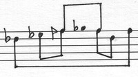 Image of a short melodic phrase on a five-line staff with koron symbols for some notes tuned approximately a half flat.