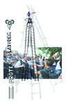 Individual ladders are combined to form a lightweight tripod for visible social protest.
