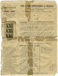 Tattered flyer advertising Méliès Kinétograph films and photographic views. A film strip with three frames is attached.