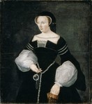 Painting of Diane de Poitiers, duchesse de Valentinois, three-quarters-length, wearing a black mourning dress with black and white sleeves, as well as a black hood; holding a mirror in her right hand.
