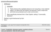 A written tumblr post exchange among users ‘potologie’, ‘2460waan’, and ‘phantomoftheoperatingtable’ on Karl Marx, kinks, and commodity fetishism.