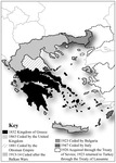 The map shows the kingdom of Greece as established in 1832 followed by six expansions. Each expansion is marked in a different shade or pattern. One expansion regards a territory that was returned to Turkey.