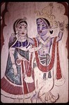 Radha-Krishna deities are a popular devotional theme in haveli art.