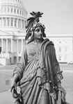 “The Statue of Freedom” (1860), Washington, DC. The statue stands in front of the US Capitol Building, its dome at the back left of the picture. The statue is of a woman wearing a dress and fringed blanket of indigenous American style; a feathered headdress adorns her head. The feathers from the headdress protrude from an eagle and five five-­pointed stars surround her forehead. A circular brooch with a letter “U” enveloping an “S” sits at her sternum. In her left hand, she holds a shield and laurel wreath, and her right hand holds a sheathed sword.