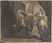 Macbeth holds two daggers while Lady Macbeth gestures to him to quiet down and to give her the daggers.