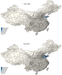 Figure 5 includes two parts, including figure 5a and figure 5b. These two figures compare the spatial distribution of FDI at the county level in Shandong Province between 1999 and 2007. In these two figures, the lighter the shade, the fewer the FDI inflows in the specific location. Figure 5 shows two patterns. First, both figure 5a and figure 5b show that even within the eastern region of China, such as Shandong Province, the distribution of FDI is very uneven, with some counties in the province, especially those along the coast, attracting more FDI inflows than others. Second, in comparison to the FDI distribution in 1999, the spatial distribution of FDI in 2007 in Shandong Province is more dispersed and has diffused from the coastal area (where it was initially concentrated) to interior parts of Shandong Province.