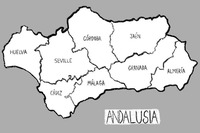 Map of Andalusia that shows its eight provinces: Huelva, Seville, Cadiz, Cordoba, Malaga, Granada, Jaén, and Almería.