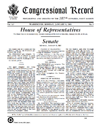 View PDF (1.11 MB), titled "Congressional Record January 8, 2001 - Colloquy"