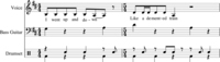 Example 12. Two measures of music for voice, bass, guitar and drums with one measure in 5/4 time