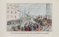 An artist’s representation of the Boston Tea Party of 1773. Nine bare-­chested men wearing feathered headdresses are on the deck of a brown ship, throwing its cargo into the sea. In the background, another ship is depicted with less clarity and in black and white, and its passengers are also tossing wooden crates overboard. In the foreground, onlookers dressed in red, blue, and black cheer from the pier. Beneath the drawing the words “THE DESTRUCTION OF TEA AT BOSTON HARBOR” are printed in capital letters. Wispy handwriting beneath the printed title dates the picture to October 1, 1846.