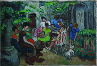 Oil painting of a woman artist seated in a garden surrounded by onlooking friends and a white dog as she paints on a small canvas.