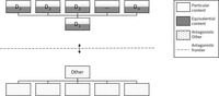 Two opposing organization charts with two levels of hierarchy that represent the Self and the antagonistic Other, including the empty signifiers that represent the two. The rectangles that make up the Self are numbered D1 through Dn, symbolizing the individual demands articulated as equivalent within a specific discourse. The rectangles are split horizontally, the upper half being white, the lower half gray. The white part represents the particular content, the gray part the equivalential content.