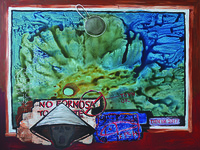 Painting of turbulent waves framed by a rust-­colored border. Along the bottom of the painting, the artist has included hand-­drawn protest signs that say “No Formosa.” The signs also show abstract drawings of fish. A human figure wearing a conical hat is painted gray in the bottom left corner. In the upper middle of the frame, a metal strainer seems to be glued to the painting.
